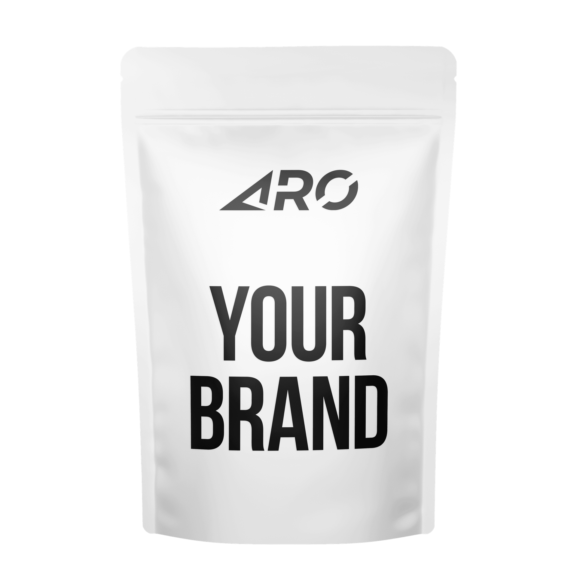 White mylar bag mockup ARO your brand here text soft touch